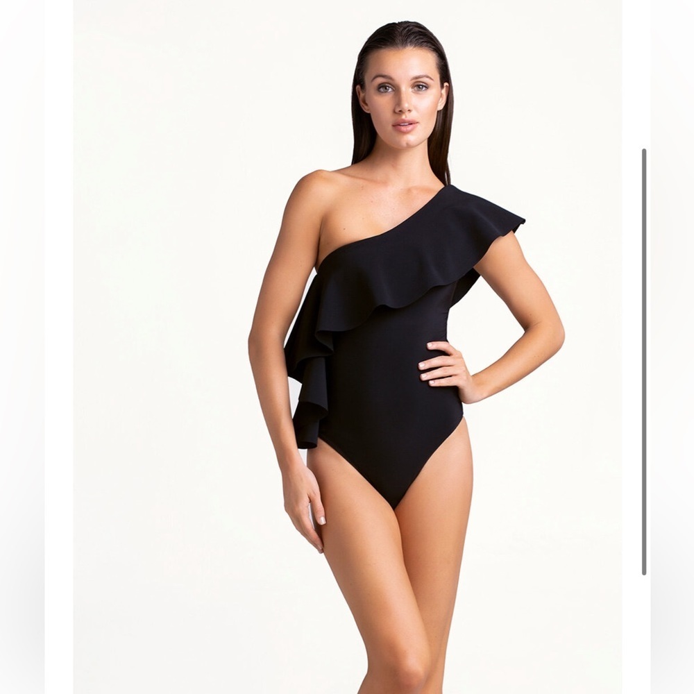 One-Shoulder Ruffle One-Piece Swimsuit - Black